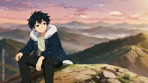 A young man sits atop a mountain peak, gazing at a stunning vista.  The sun casts a warm light upon the landscape, enhancing the sense of solitude and contemplation.