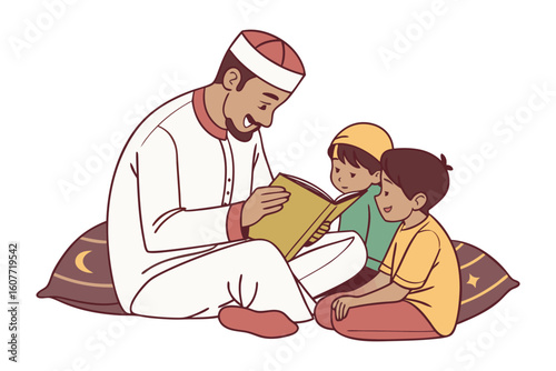 Man in traditional attire meticulously cleans a patterned rug with a broom and bucket
