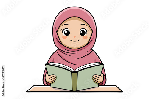 Charming cartoon illustration of a young muslim girl wearing a pink hijab holding a white board with arabic text