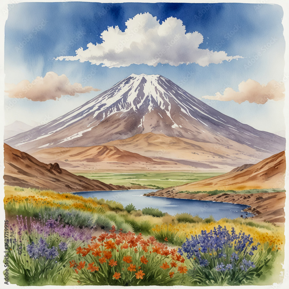 Naklejka premium Watercolor illustration of Mount Damavand from Lar National Park, Iran A symmetrical volcanic peak surrounded by wildflower-dotted plateaus and distant clouds.