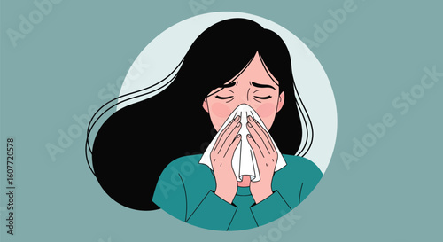 Sad Woman Blowing Her Nose with a Tissue