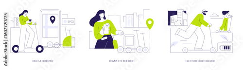 Electric scooter rental abstract concept vector illustrations.