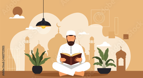 Man Reading Quran in a Peaceful Islamic Setting