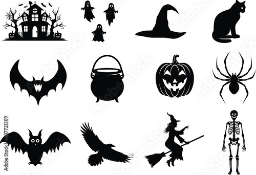 set of halloween element silhouette collection. Black and white vector editable file. pumpkin, ghost, cat, cauldron, horror house, female witch ride, owl, raven bird, skeleton, spider, witch hat