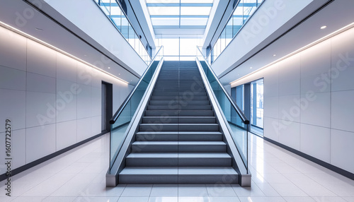 Modern Office Stairway with Clean Lines and Natural Light Leading to a Bright Upper Floor