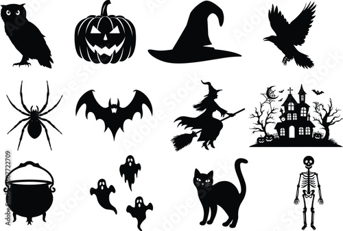 set of halloween element silhouette collection. Black and white vector editable file. pumpkin, ghost, cat, cauldron, horror house, female witch ride, owl, raven bird, skeleton, spider, witch hat