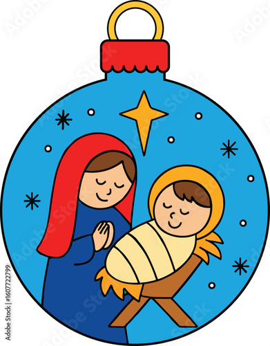 A cute and colorful illustration of a nativity scene inside a Christmas ornament. The design features Mary praying beside baby Jesus in a manger, with a glowing star above them
