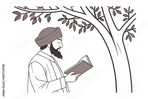 A muslim woman wearing a hijab and glasses works on a laptop while holding a book amidst falling leaves