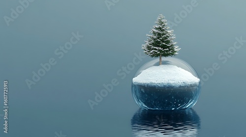 Serene Winter Globe: A charming miniature evergreen tree stands atop a snowy landscape, encased within a transparent globe, offering a touch of seasonal tranquility.
