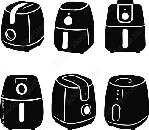 Air fryer silhouette vector set black and white kitchen appliances cooking equipment healthy food preparation illustration