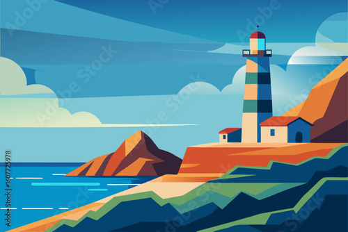 Flat Art Coastal Point with Lighthouse Shadow and Waves