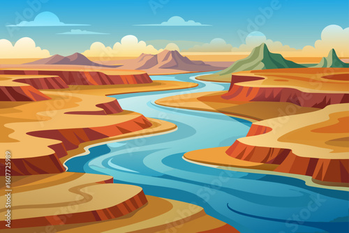 Flat River Basin with Winding Channels and Layered Banks