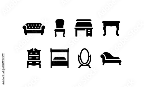 Silhouette furniture icons: sofa, chair, desk, dresser, bed, mirror, chaise lounge