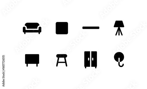 Minimalist home furniture icons set: sofa, table, lamp, and more