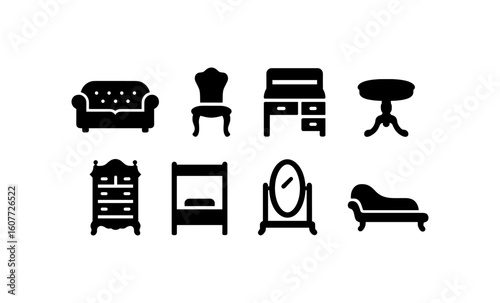 Black silhouette icons of classic furniture set for interior design