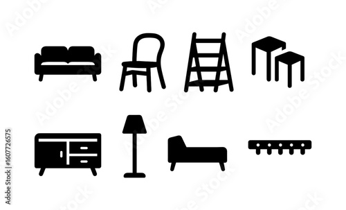 Modern silhouette icons of furniture and home decor essentials