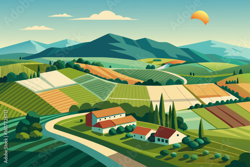 Hilly Farmland Seen in Aerial Top Down Vector Blocks