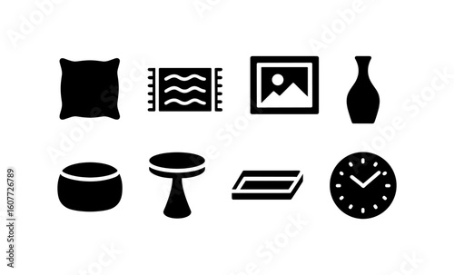 Minimalist home decor icons: pillow vase clock wall art and more in black silhouette style