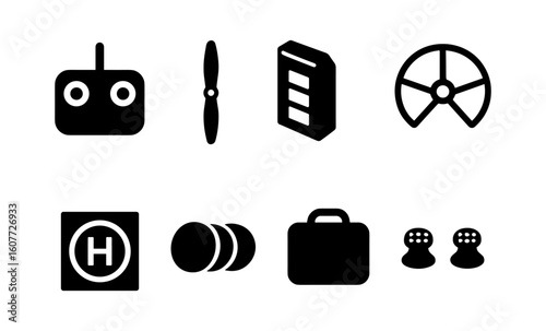 Drone accessory icons set: remote, propeller, battery, controller