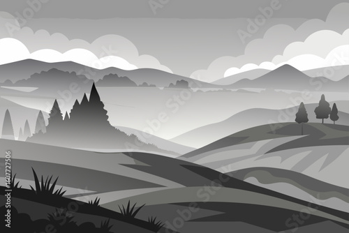 Overcast Hills with Low Fog Blankets and Monochrome Tones