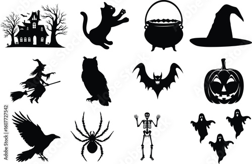 set of halloween element silhouette collection. Black and white vector editable file. pumpkin, ghost, cat, cauldron, horror house, female witch ride, owl, raven bird, skeleton, spider, witch hat