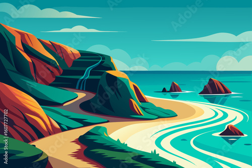 Rocky Headland Curving into Stylized Turquoise Sea