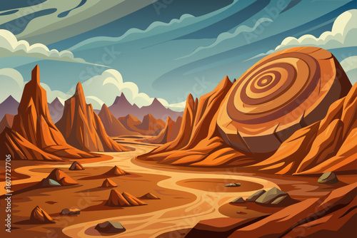 Rocky Valley Shaped by Wind Erosion with Circular Patterns