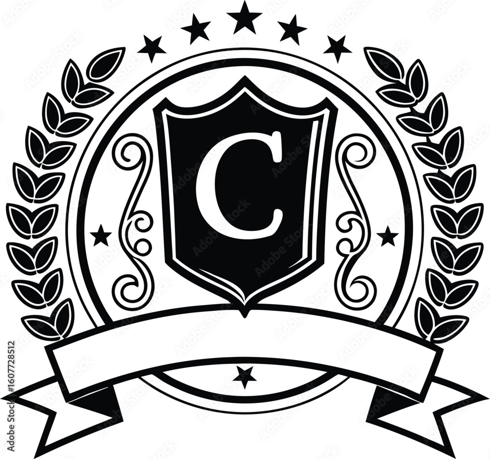 Obraz premium Classic emblem featuring a bold letter c shield surrounded by laurel wreaths stars and a blank banner for custom text