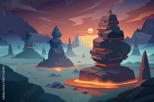 Stacked Rocky Outcrops Rising from Glowing Canyon Floor