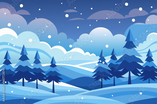 Stylized Snowfall Scene with Layered Tree Line and Snow