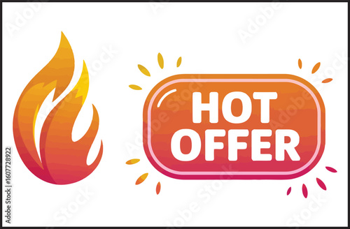 Hot Offer Sale Badge with Fire Flame Icon and Promotional Label Vector Illustration