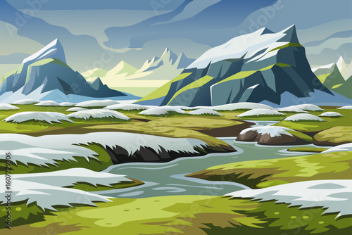 Tundra with Textured Moss Patches and Snow Dusting