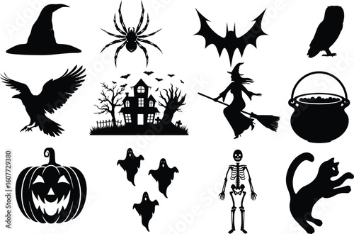 set of halloween element silhouette collection. Black and white vector editable file. pumpkin, ghost, cat, cauldron, horror house, female witch ride, owl, raven bird, skeleton, spider, witch hat
