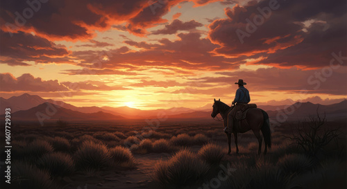Cinematic cowboy riding horse at sunset, lone rider in desert landscape under orange sky, western silhouette in wild wilderness at dusk