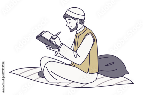 A father or teacher patiently instructs a young boy in islamic teachings from a holy book on a prayer rug