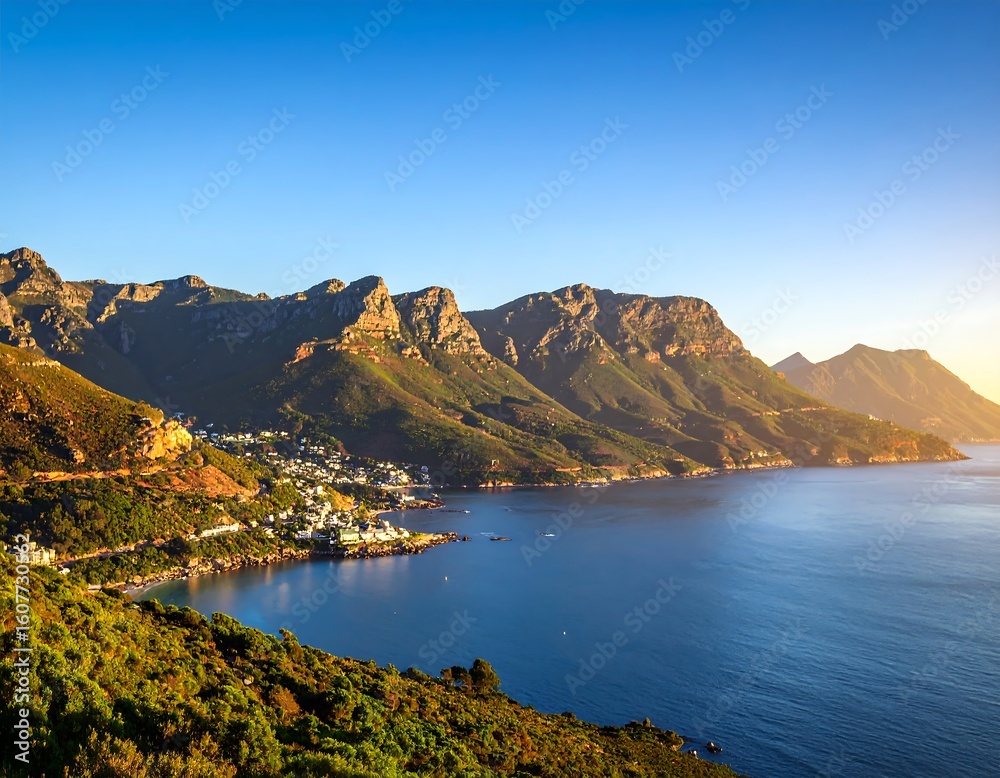 Obraz premium Coastal mountains at dawn. Lush greenery, a town nestled in the foothills, and a calm ocean meet a clear blue sky