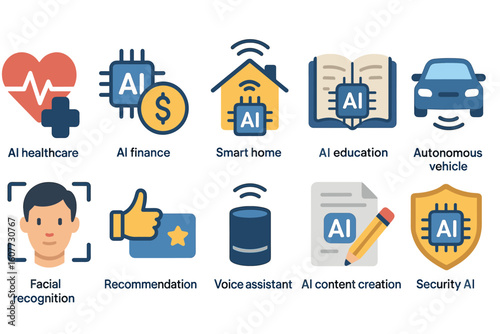 Infographic of AI Applications with Icons for Healthcare, Finance, Smart Home, and More