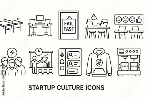 Startup Culture Icons Set: Ping Pong, Standing Desks, Motivational Posters, and More