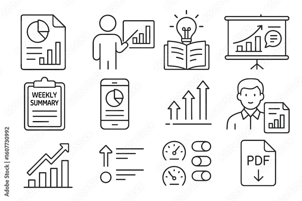 Fototapeta premium Business and Data Icons Set: Charts, Analytics, and Growth Concepts