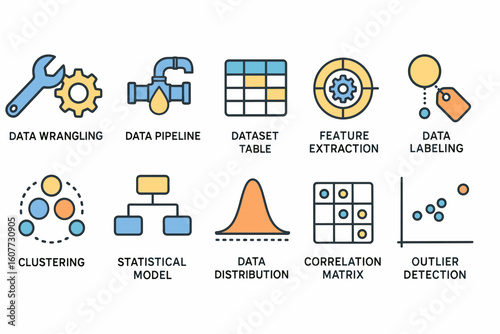 Illustrated Icons of Data Science Concepts Including Data Wrangling and Pipeline