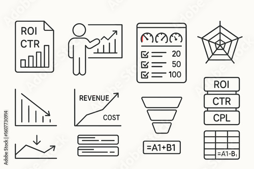 Business Analytics Icons Set: ROI, Charts, Sales Funnel, Revenue vs Cost, Performance Metrics
