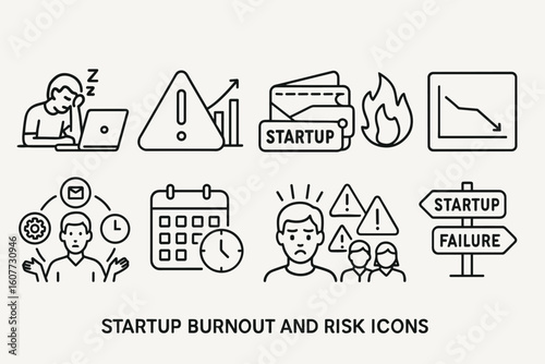 Startup Burnout and Risk Icons Set: Multitasking, Financial Risks, and Stress Challenges