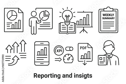 Reporting and Insights Line Icons Set with Data Analysis and Business Reporting Elements