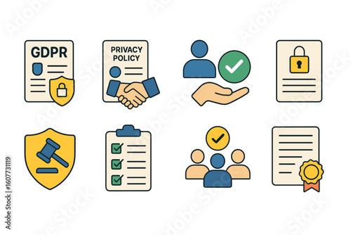 Privacy and Compliance Icons - GDPR, Privacy Policy, Consent, Legal Protection, Certification