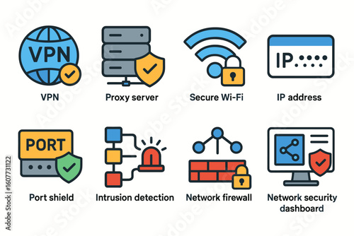 Colorful Network Security Icons Set: VPN, Proxy Server, Secure Wi-Fi, IP, Firewall