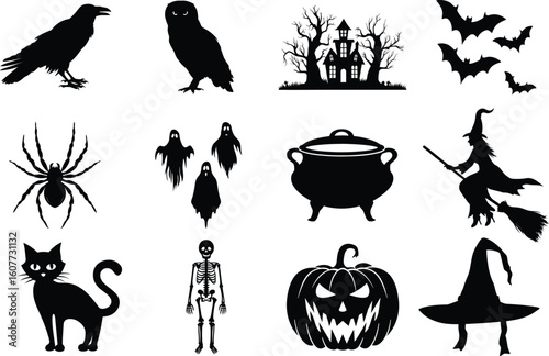 set of halloween element silhouette collection. Black and white vector editable file. pumpkin, ghost, cat, cauldron, horror house, female witch ride, owl, raven bird, skeleton, spider, witch hat