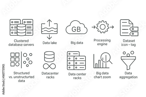 Data Management and Processing Icons Set with Data Lake, Big Data, and Data Aggregation Symbols