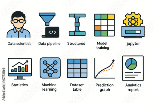 Set of 10 Colorful Data Science Icons Including Data Scientist and Machine Learning Elements