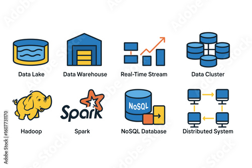 Data Storage and Processing Icons: Data Lake, Real-Time Stream, Hadoop, NoSQL and More