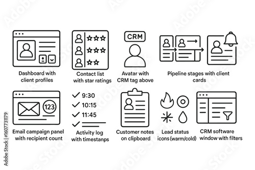 CRM Functionality Icons Set - Dashboard, Contact List, Email Campaigns, Lead Statuses